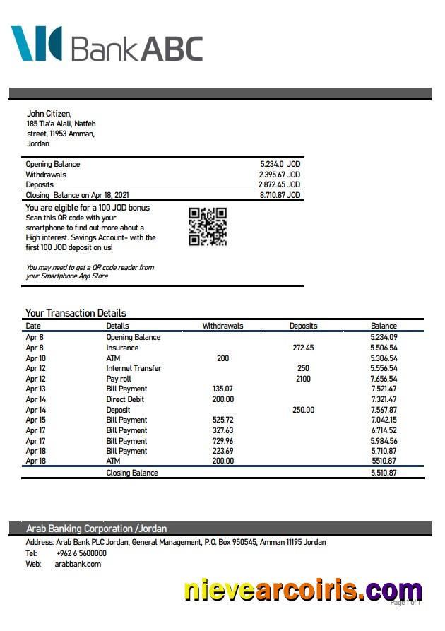 Jordan ABC Bank statement